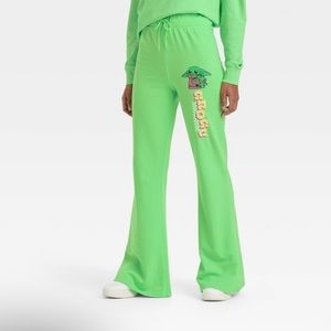 Women's Baby Yoda Wide Leg Graphic Pants - Green- Multiple Sizes